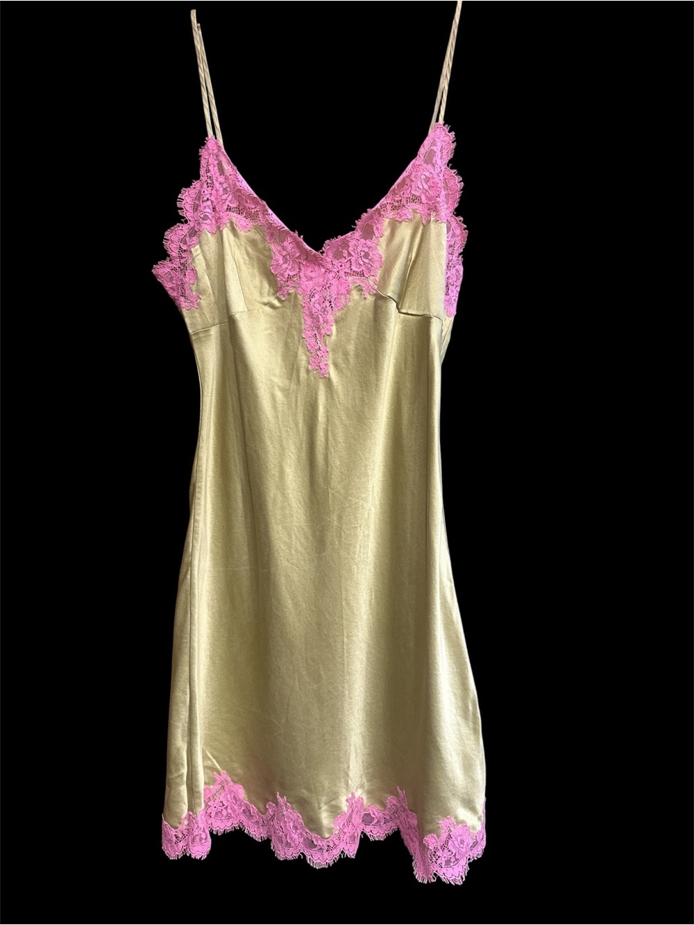 Victoria's Secret Gold Slip Dress with Pink Lace Trim Y2K Sz M